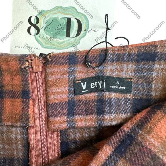 Very J NWT Small Orange & Blue Plaid Faux Wrap Midi Zip Skirt - Picture 6 of 6